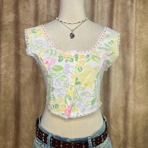 Vintage 90s Sleeveless Floral Button Up Top Cropped Pastel Lace Cottage Coquette